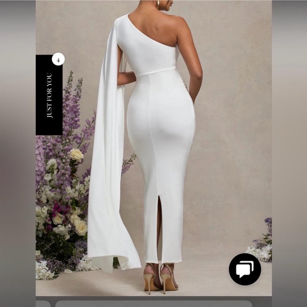 Asymmetric One-Shoulder White Sheath Dress with Draped Cape